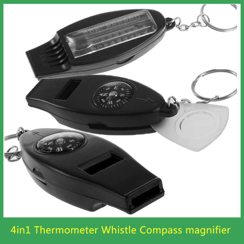 Black 4in1 Mini Survival Tool Thermometer Whistle Compass free shipping